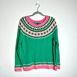 Talbots Pink Green Fair Isle Round Neck Apres Ski Sweater Cabincore Sz Large